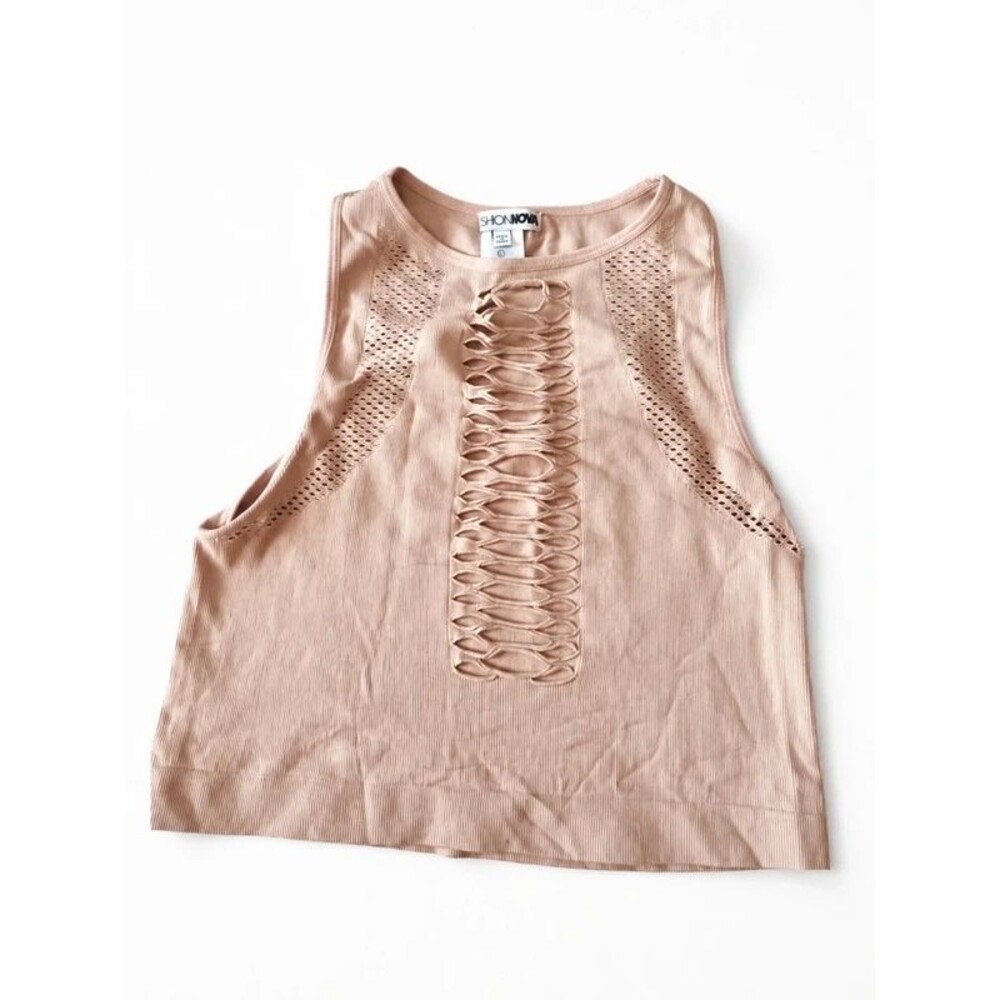 Fashion Nova Beige Ribbed Crop Top Size Large Cutout Sleeveless Lace-Up